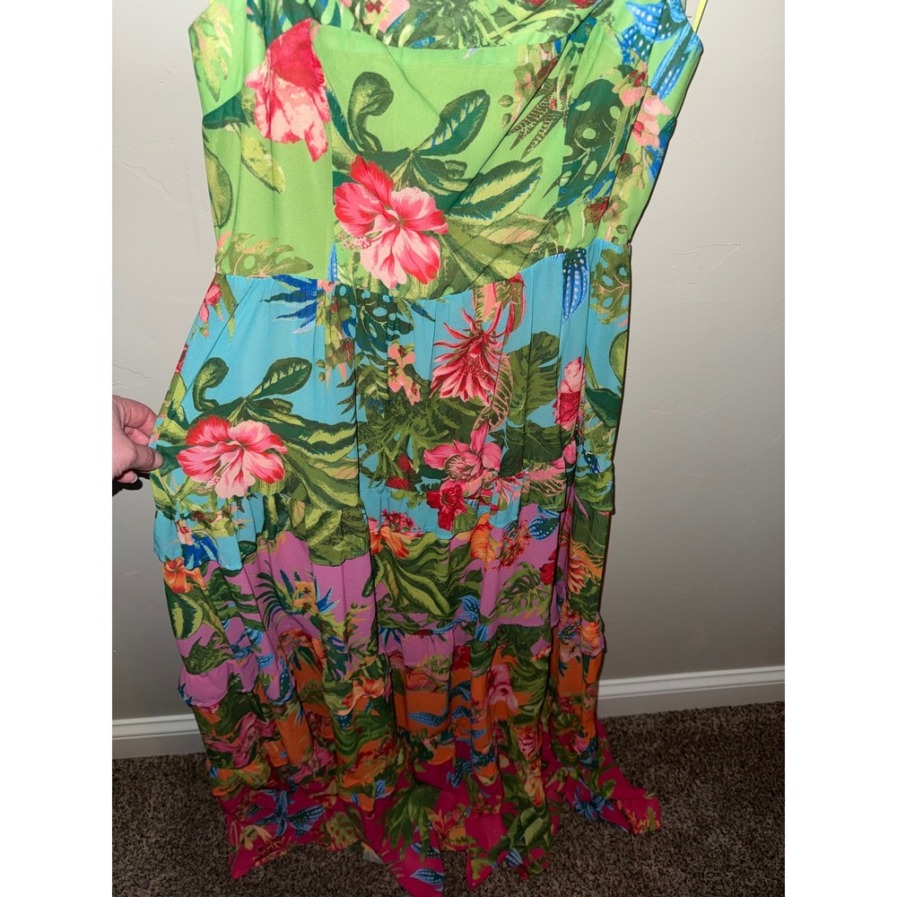 Flying Tomato Tropical Floral Tiered Maxi Dress Green Blue Pink Smocked Large - Picture 3 of 7